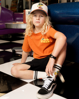 Band of boys washed orange tshirt with fun good vibes graphic with Mohawk and sunglasses
