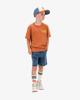 Band of boys washed orange tshirt with fun good vibes graphic with Mohawk and sunglasses