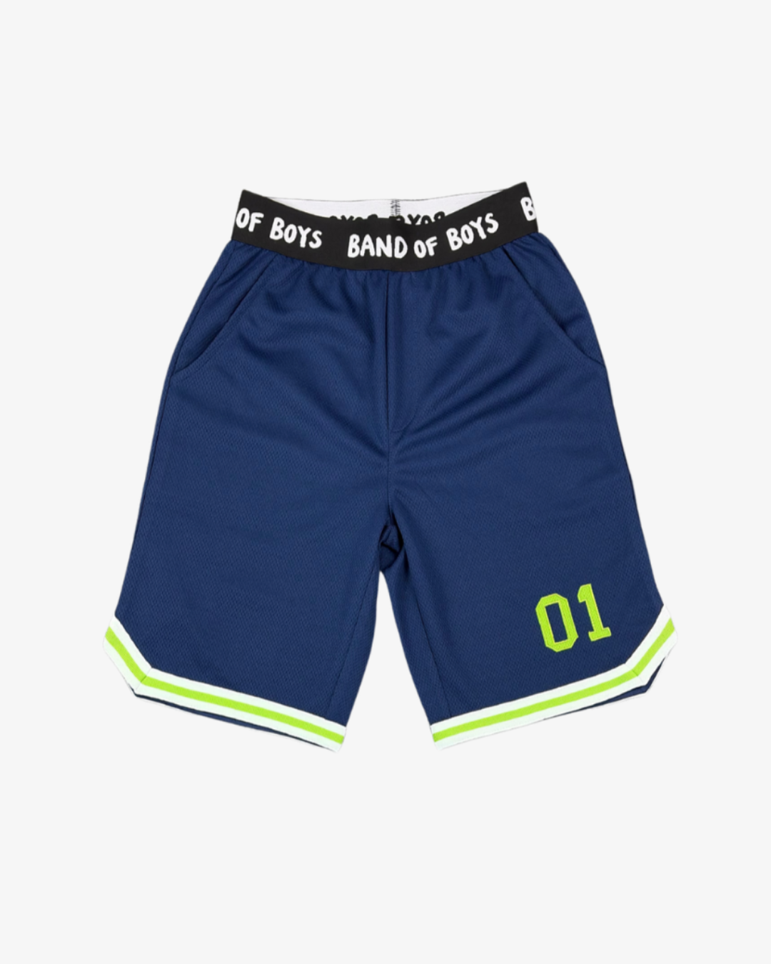 Band of Boys navy basketball shorts with a black logo waistband, lime-green 01 graphic and lime-green and white hem trims.