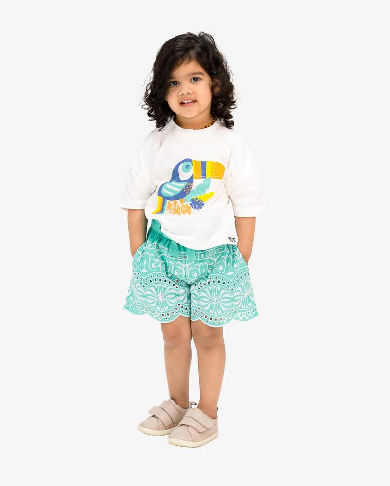 THE GIRL CLUB | Teal Border Embroidery Shorts