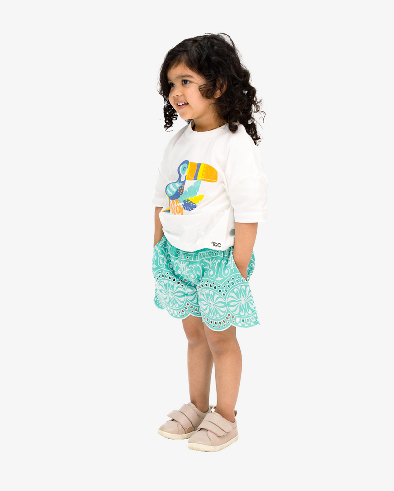 THE GIRL CLUB | Teal Border Embroidery Shorts