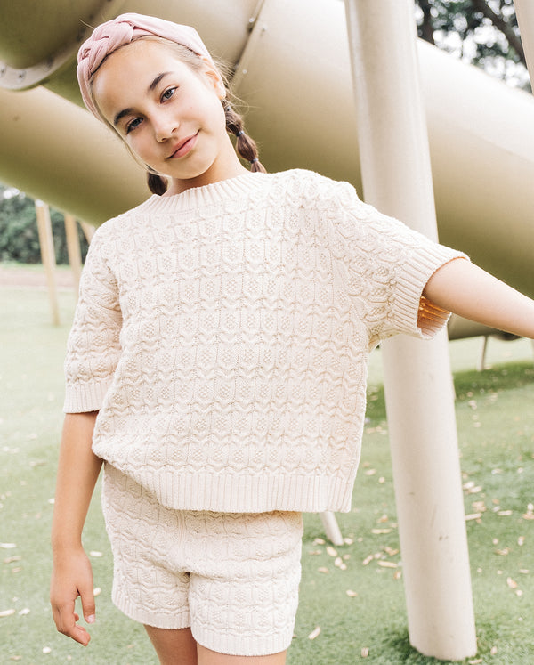 THE GIRL CLUB | Cream Lace Knit Organic Cotton Crop Tee