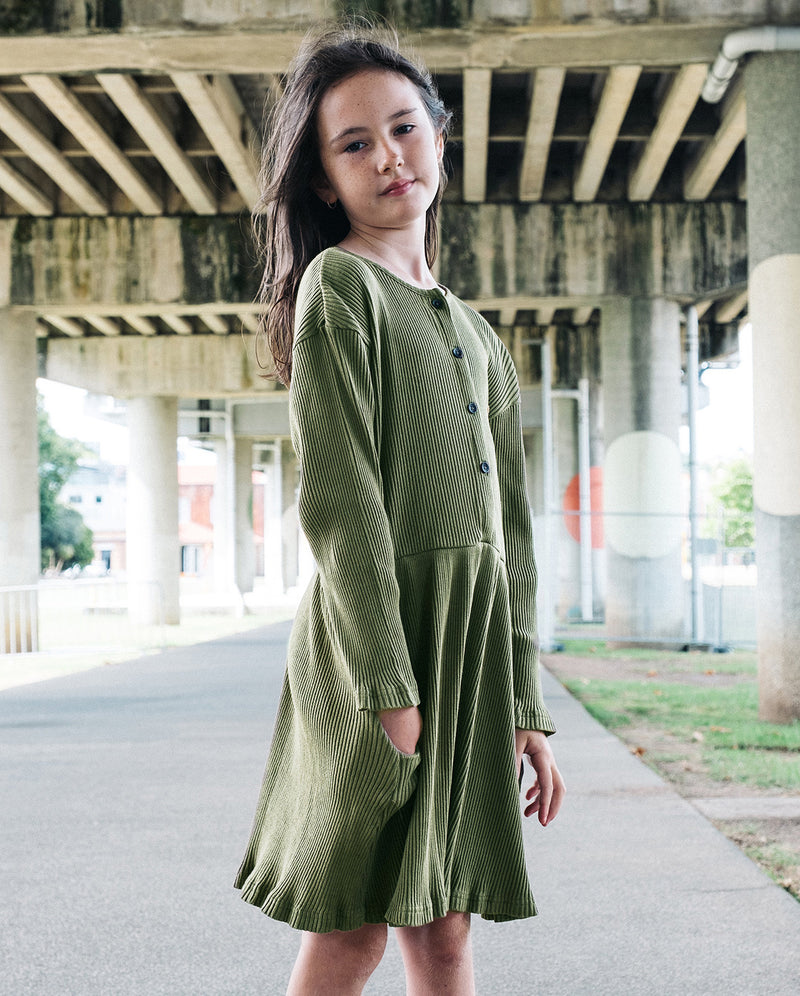 GRLFRND | Olive Green Rib Cotton Button Front Dress